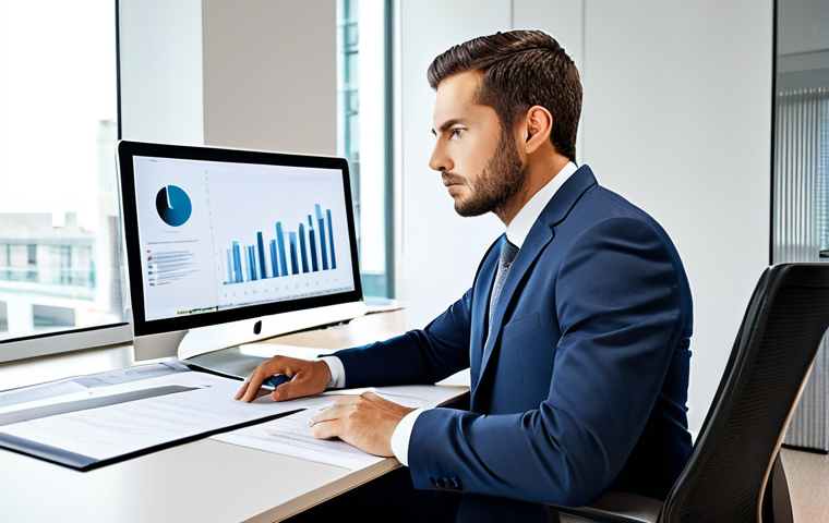 A male legal professional, fully clothed in a modest business suit, sitting comfortably at a sleek, ergonomic desk in a modern, well-lit law office. He is looking at a large, clear monitor displaying legal documents, with a relaxed and focused expression, symbolizing efficiency and reduced workload due to automation. The office background shows organized files and a clean, minimalist design. The overall scene conveys productivity and a calm work environment. perfect anatomy, correct proportions, natural pose, well-formed hands, proper finger count, natural body proportions, professional photography, high quality, safe for work, appropriate content, fully clothed, professional, modest, family-friendly.