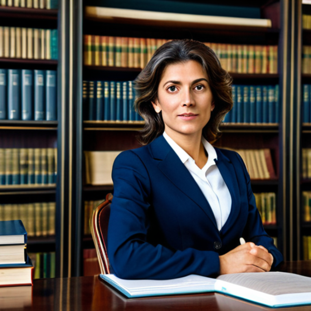 The Specialized Lawyer**

A sharply dressed Italian lawyer (male or female) in a modern Milanese office.  Focus on their intelligent expression and confident posture. The office should feature legal books, awards, and diplomas subtly in the background. *Fully clothed, appropriate attire, professional setting, safe for work, perfect anatomy, natural proportions, high quality*.

**