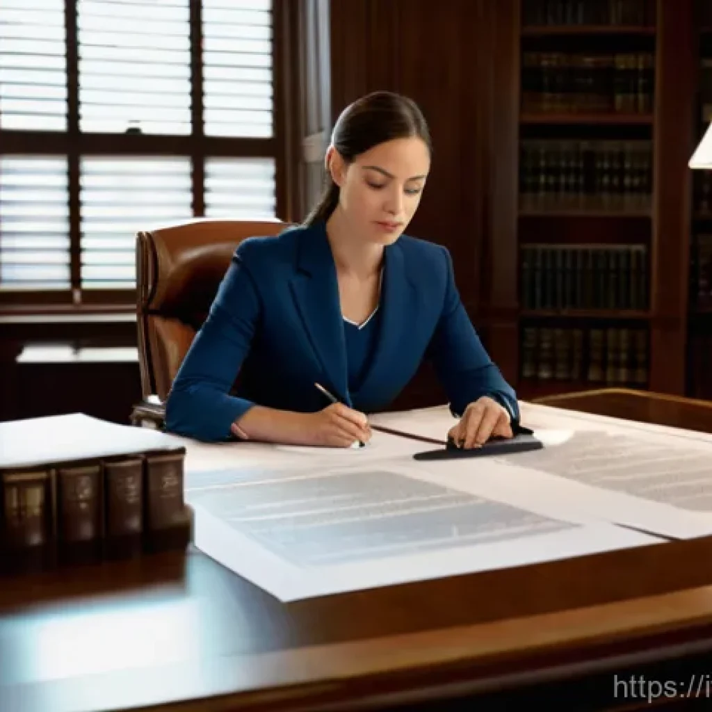 법률 자문가의 법적 서류 작성법 - **Prompt:** A highly focused female legal professional, in her late 30s, dressed in a sharp business...