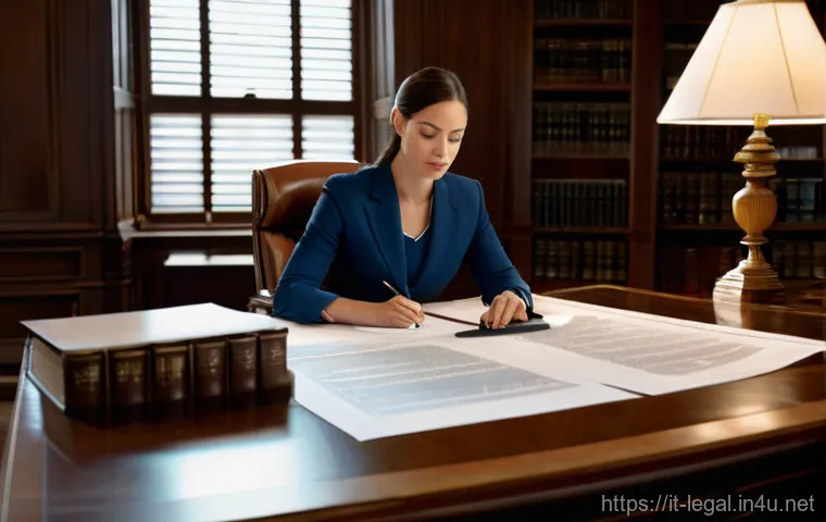 법률 자문가의 법적 서류 작성법 - **Prompt:** A highly focused female legal professional, in her late 30s, dressed in a sharp business...