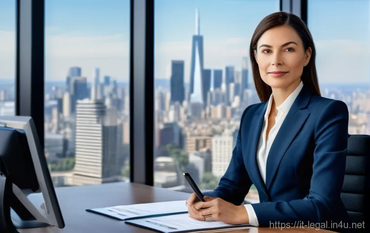 법률 자문가의 전문 지식 강화법 - **Prompt:** A highly professional and focused female lawyer, in her late 30s to early 40s, dressed i...