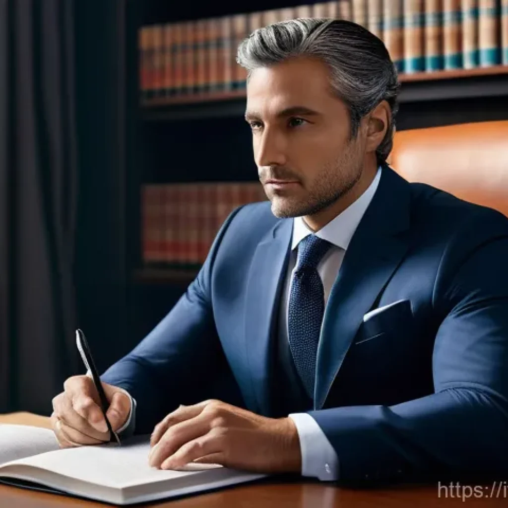 법률 자문가의 커리어 발전 - A professional male Italian lawyer in his late 30s, wearing a sharp, modern business suit, sits at a...