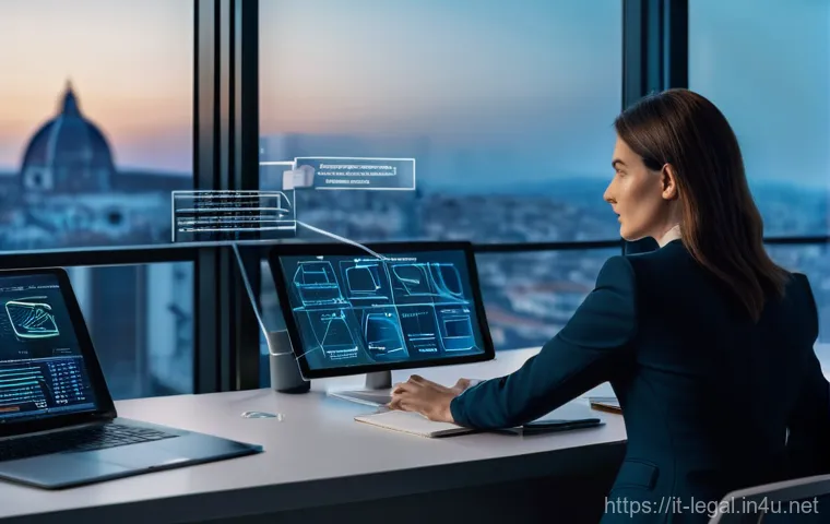 법률자문가로서의 성공적인 커리어 - **"Navigating the Future of Italian Law"**: An Italian female lawyer in her late 30s, dressed in a s...