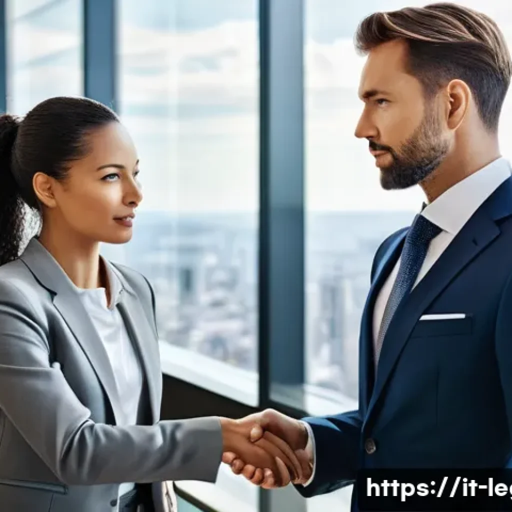 법률 자문가의 업무 성과 평가 - A professional female legal consultant, mid-33s, dressed in a sharp, modern business suit, stands co...