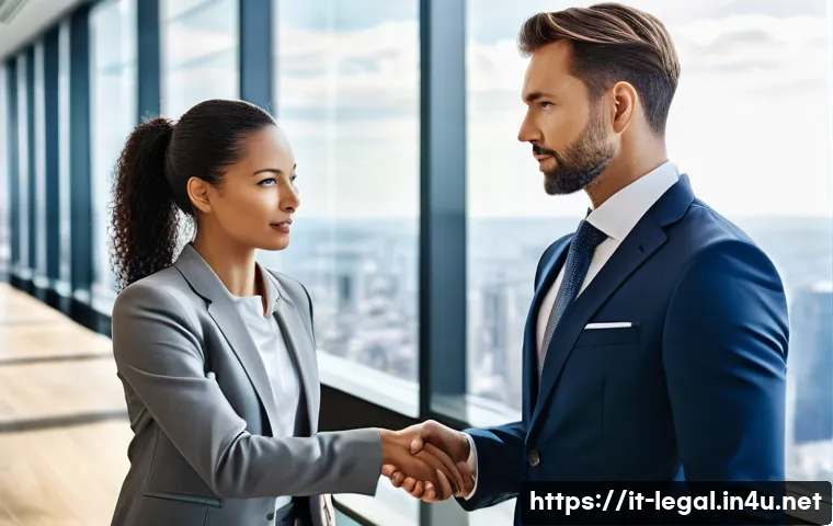 법률 자문가의 업무 성과 평가 - A professional female legal consultant, mid-33s, dressed in a sharp, modern business suit, stands co...