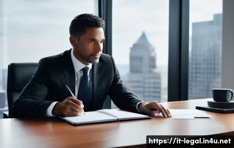 법률자문가의 법률 분석법 - **Prompt:** A diverse male lawyer in his late 40s, dressed in a sharp dark suit, leans slightly forw...