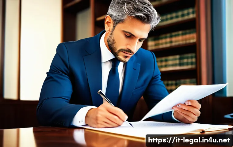 법률 자문가의 사건 분석 - A professional Italian lawyer, meticulously examining a complex legal document with a magnifying gla...