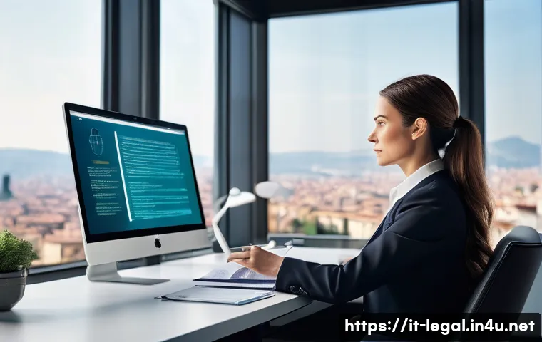 법률 자문가의 고급 기술 교육 - A distinguished Italian lawyer, mid-career, dressed in a sharp business suit, sits in a minimalist, ...