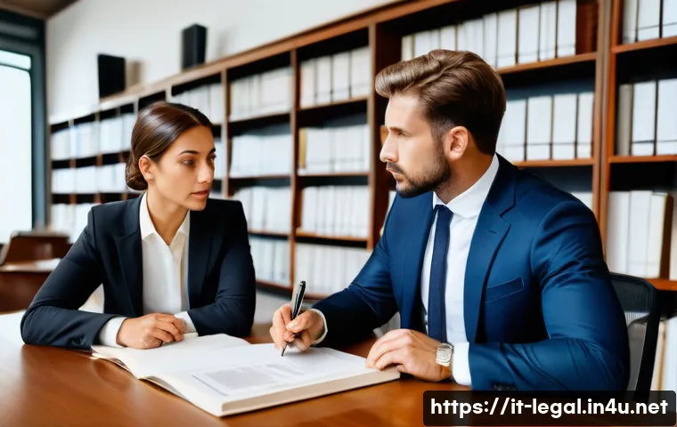 법률 자문가의 법적 대응 - A modern Italian legal office scene showing a professional lawyer attentively reviewing detailed con...