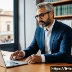 법률자문가의 실무 적용법 - A professional Italian legal consultant in a modern office setting, attentively listening to a middl...