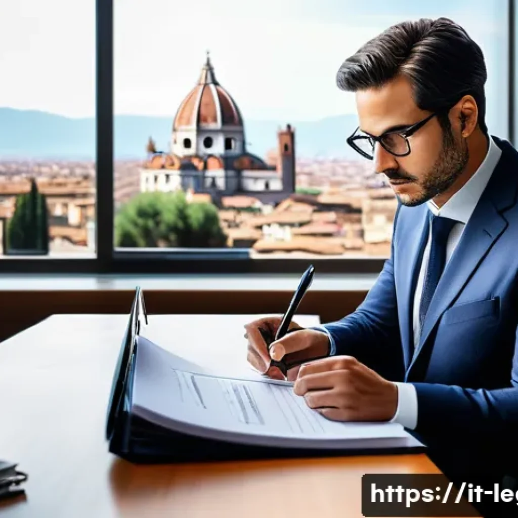 법률자문가의 실무적 접근법 - A professional Italian lawyer in a modern office setting, deeply analyzing detailed legal documents ...