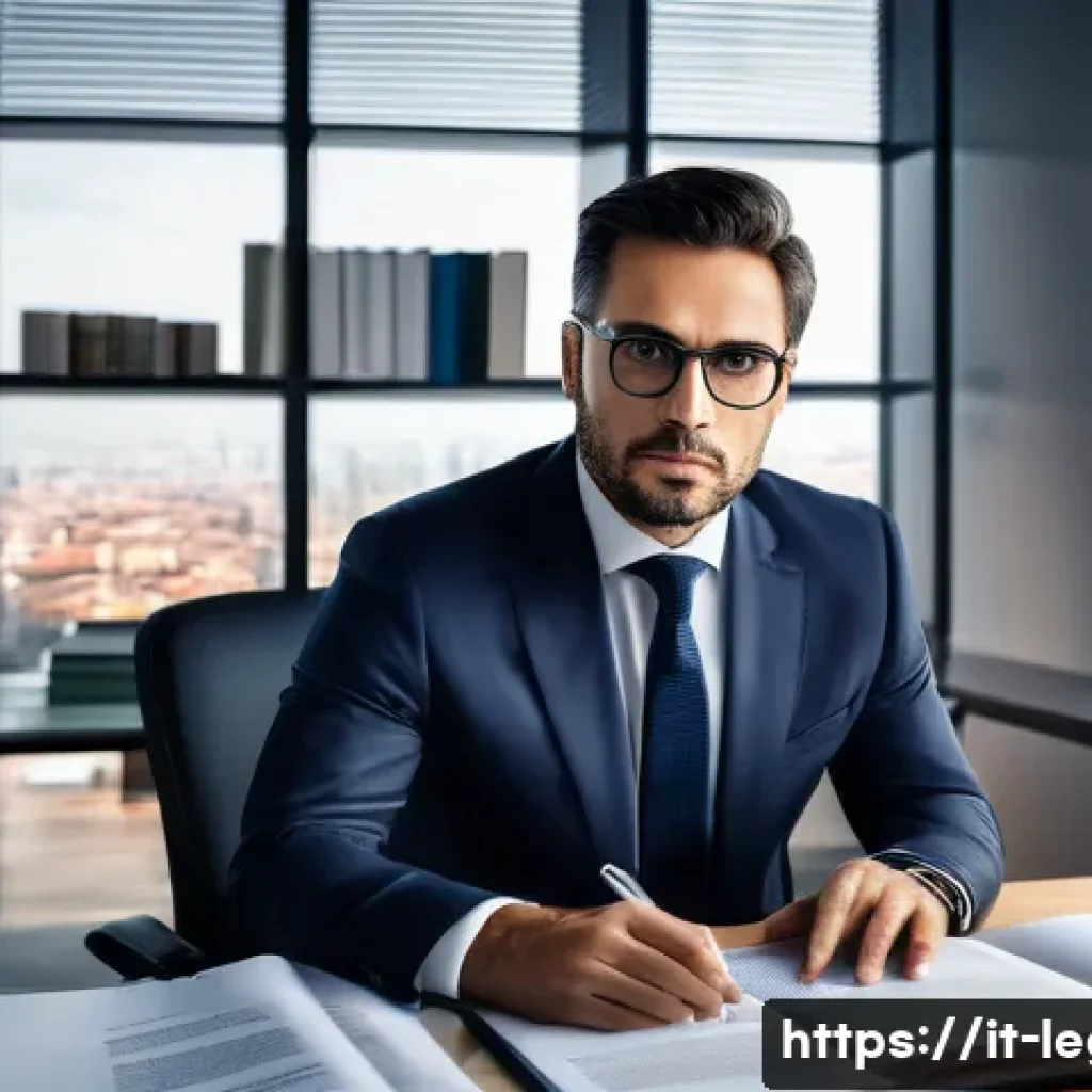 법률 자문가의 직무 경험 - A professional Italian legal consultant in a modern office setting, deeply focused on analyzing comp...