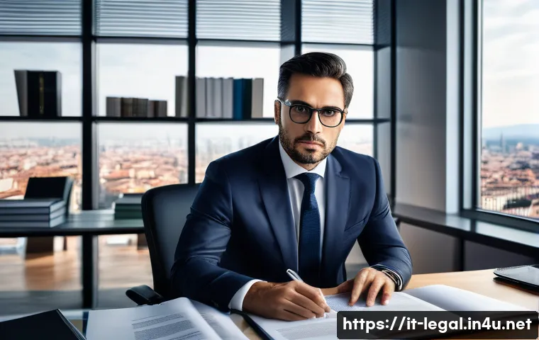 법률 자문가의 직무 경험 - A professional Italian legal consultant in a modern office setting, deeply focused on analyzing comp...