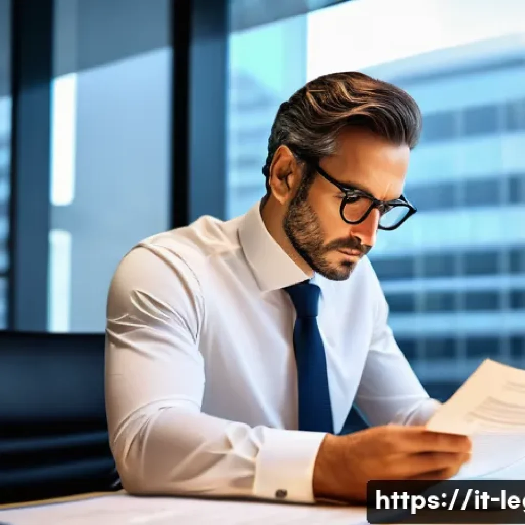 법률 자문가의 법적 리스크 관리 - A professional Italian lawyer in a modern office setting, carefully reviewing detailed contract docu...