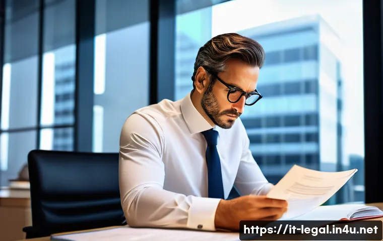 법률 자문가의 법적 리스크 관리 - A professional Italian lawyer in a modern office setting, carefully reviewing detailed contract docu...
