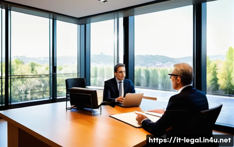 법률 자문가의 고객 관리 방식 - A professional Italian legal consultant attentively listening to a middle-aged client in a modern of...