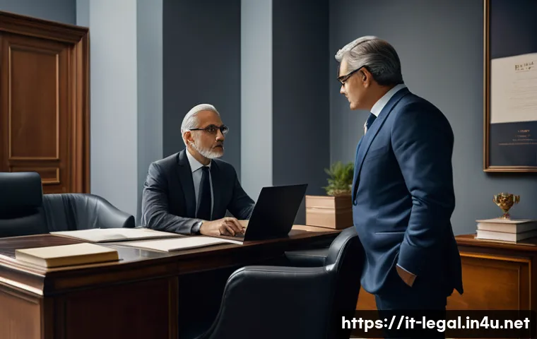 법률 자문가의 입직 후 경험 - A professional Italian legal consultant attentively listening to a middle-aged client in a modern of...