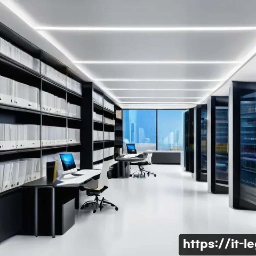 법률자문가의 업무 개선 - A modern Italian legal office interior featuring a sleek, high-tech document management system on mu...