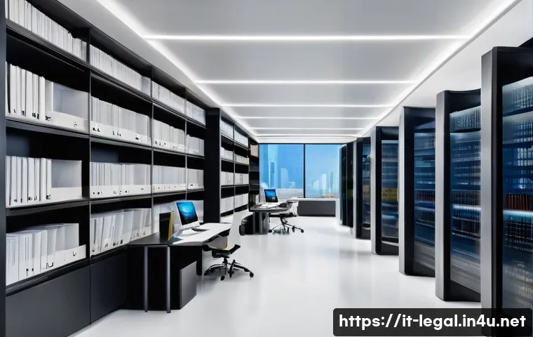 법률자문가의 업무 개선 - A modern Italian legal office interior featuring a sleek, high-tech document management system on mu...