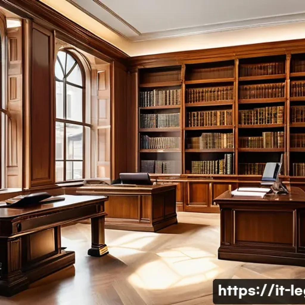 법률 자문가를 위한 독서 목록 - A sophisticated modern Italian legal library interior, featuring tall wooden bookshelves filled with...
