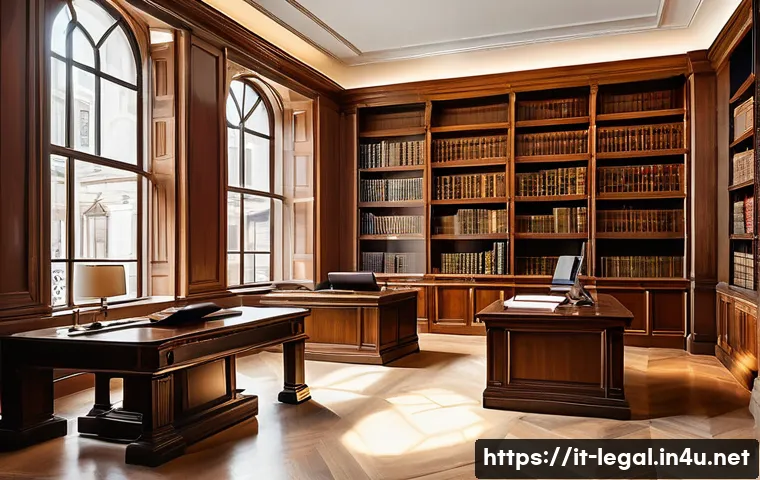법률 자문가를 위한 독서 목록 - A sophisticated modern Italian legal library interior, featuring tall wooden bookshelves filled with...