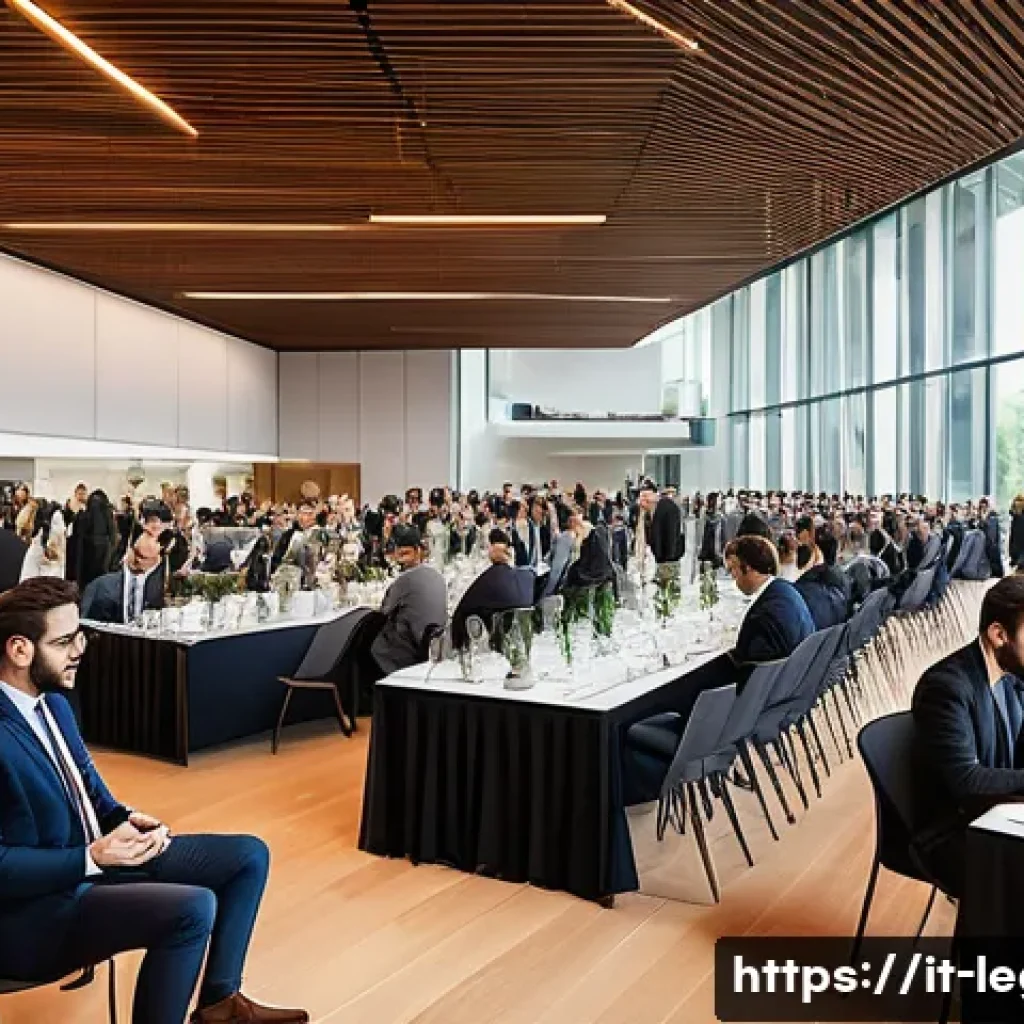 법률 자문가의 커리어 업그레이드 - A professional networking event scene set in a modern Italian conference hall, featuring diverse leg...