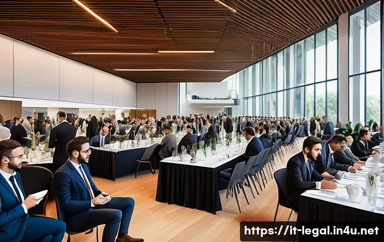 법률 자문가의 커리어 업그레이드 - A professional networking event scene set in a modern Italian conference hall, featuring diverse leg...