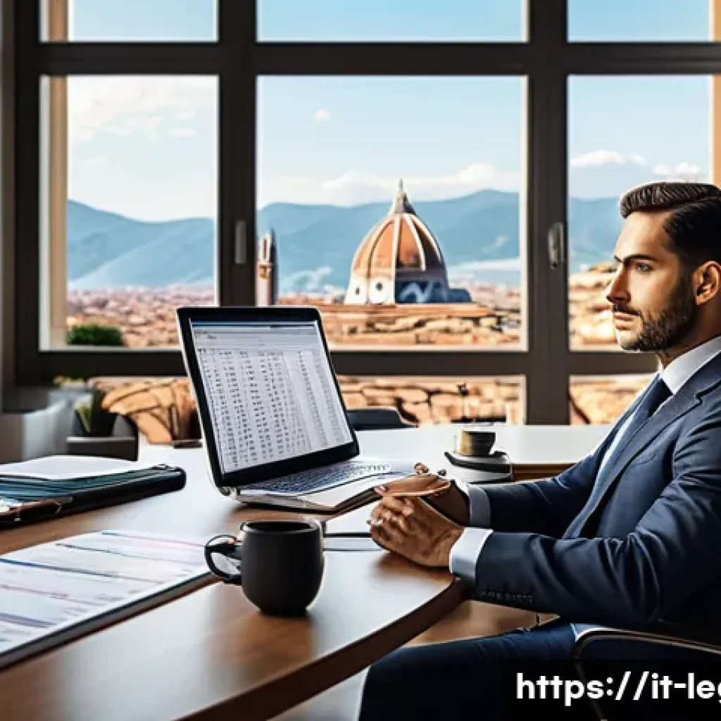 법률 자문가의 업무시간 관리 - A professional Italian legal office scene during a busy workday, featuring a well-dressed lawyer in ...