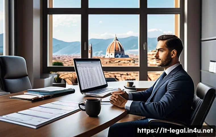 법률 자문가의 업무시간 관리 - A professional Italian legal office scene during a busy workday, featuring a well-dressed lawyer in ...