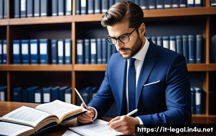 법률자문가의 직무 평가법 - A professional Italian legal consultant in a modern office setting, dressed in a sharp dark blue bus...
