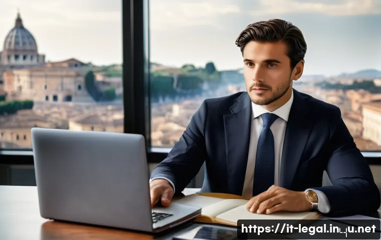 법률 자문가의 연봉과 자격 - A professional Italian legal consultant in a modern office environment, wearing business attire with...