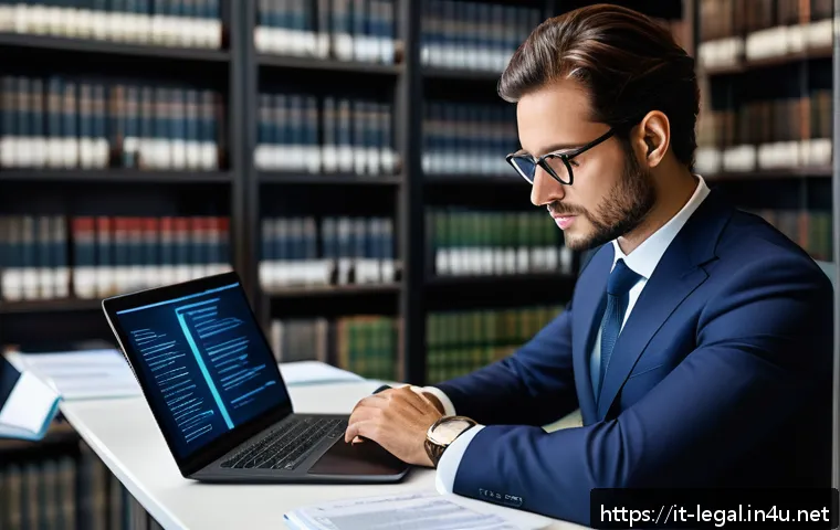 법률자문가의 직무 분석 - A modern legal consultant in a professional office setting, wearing a tailored dark blue business su...