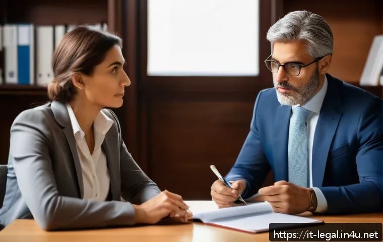 법률 자문가의 실무 기술 향상 - A professional Italian legal consultant attentively listening to a middle-aged client in a modern la...