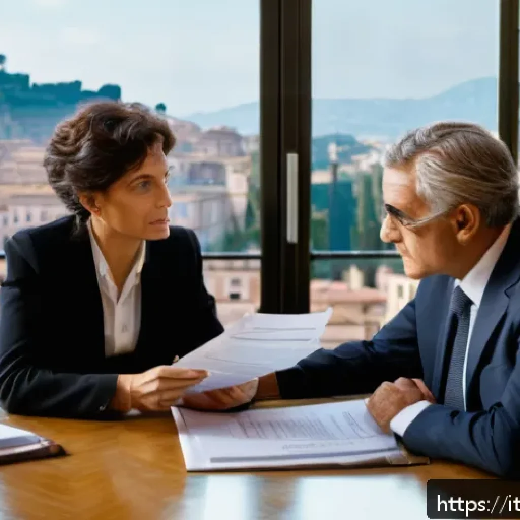 법률 자문가의 업무 흐름 - A professional Italian legal consultant in a modern office setting, attentively listening to a middl...
