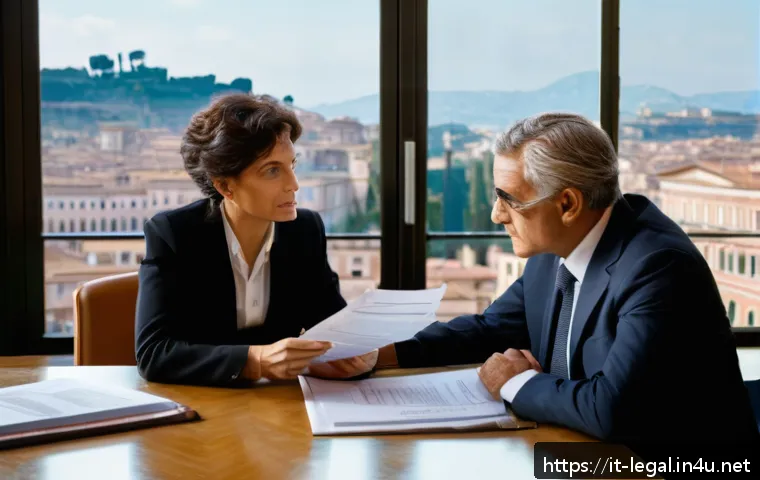 법률 자문가의 업무 흐름 - A professional Italian legal consultant in a modern office setting, attentively listening to a middl...