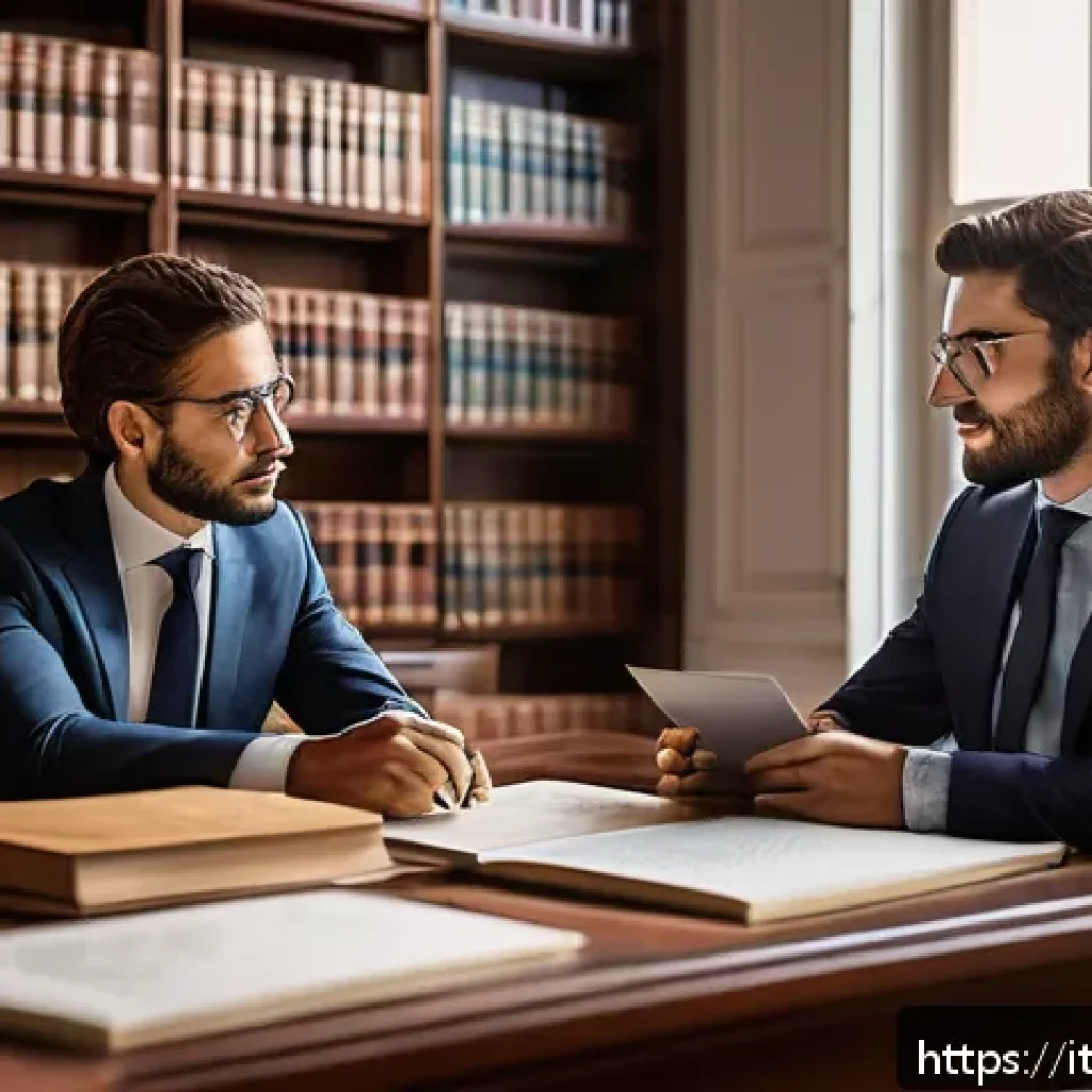 법률 자문가 멘토링 - A professional legal mentoring session in a modern Italian law office setting, featuring a young leg...
