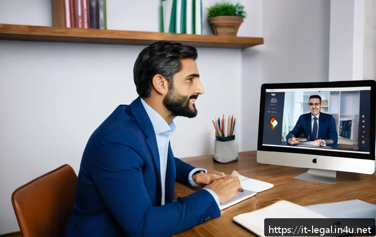 법률 자문가의 경험 공유 방법 - A professional legal consultant giving an engaging online webinar to a diverse Italian audience, usi...