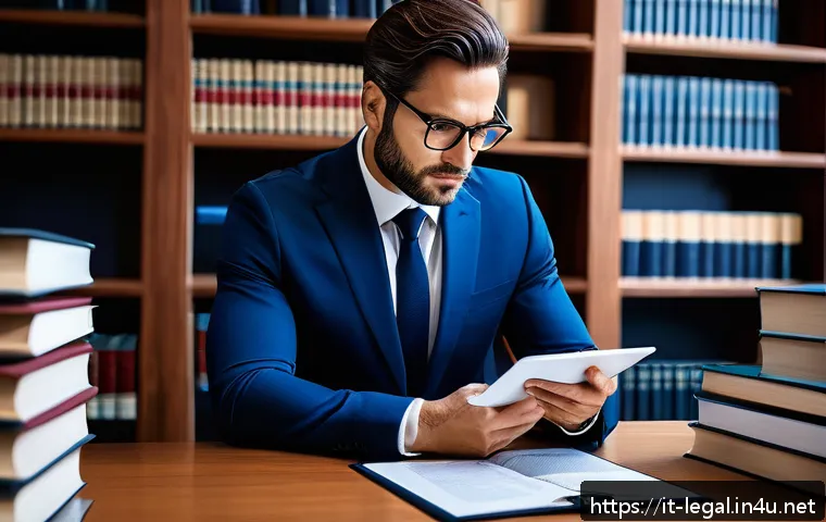 법률 자문가의 사건 처리를 위한 전략 - A professional Italian lawyer in a modern law office, meticulously analyzing legal documents spread ...