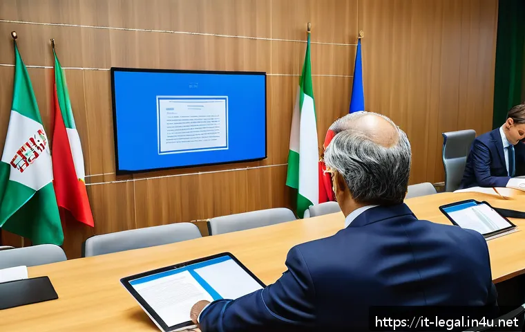 법률 자문가의 경험을 통한 노하우 - A professional office scene showing a diverse team of Italian legal and business professionals gathe...