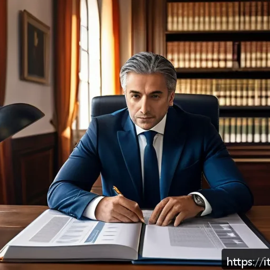 법률 자문가의 법적 리스크 분석 - A modern Italian law office interior featuring a professional lawyer analyzing complex legal documen...