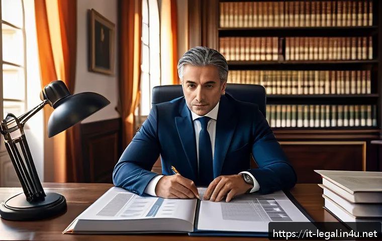 법률 자문가의 법적 리스크 분석 - A modern Italian law office interior featuring a professional lawyer analyzing complex legal documen...
