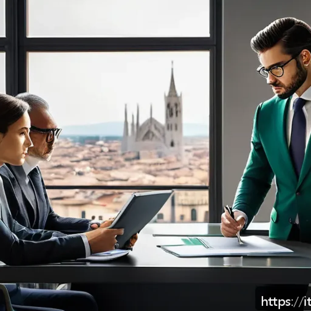 법률자문가의 직무 능력 평가 - A modern Italian legal consultancy office scene featuring three professional lawyers discussing a co...