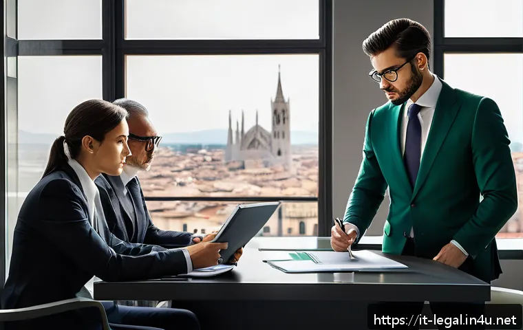 법률자문가의 직무 능력 평가 - A modern Italian legal consultancy office scene featuring three professional lawyers discussing a co...