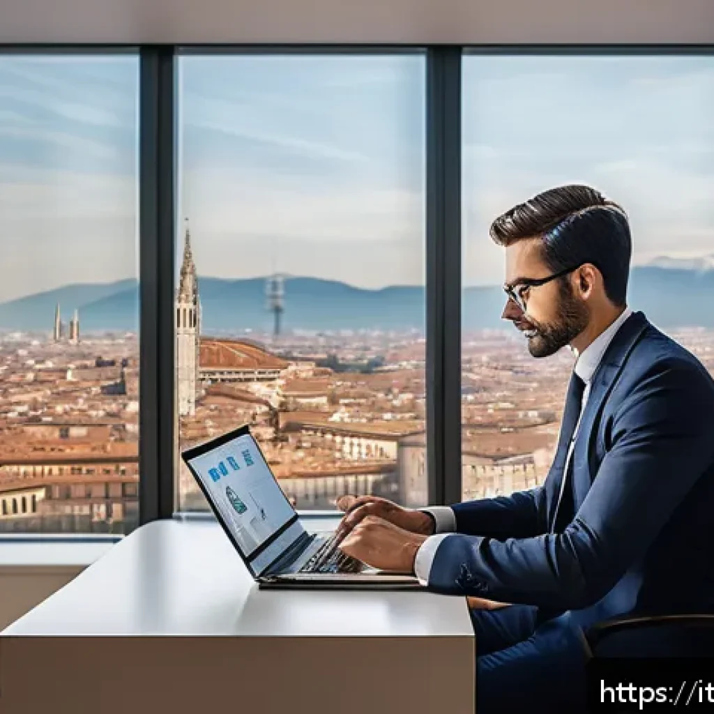 법률 자문가의 실무 개발 방법 - A modern Italian legal consultant working in a sleek, well-lit office, using a laptop with visible l...