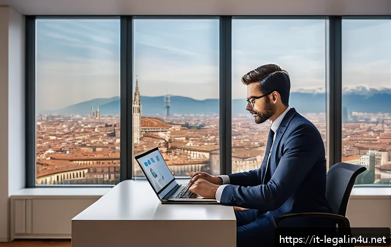 법률 자문가의 실무 개발 방법 - A modern Italian legal consultant working in a sleek, well-lit office, using a laptop with visible l...