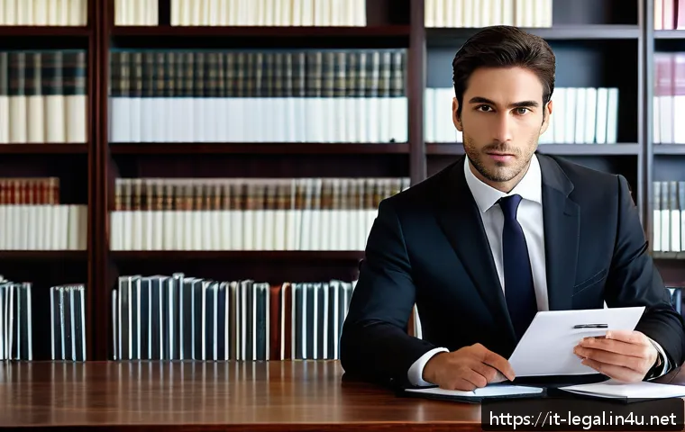 법률 자문가의 역량 평가 기준 - A professional legal consultant in a modern Italian office setting, surrounded by bookshelves filled...