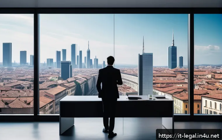 법률 자문가의 경력 변화 패턴 - A modern Italian legal consultant in a sleek, contemporary office setting, wearing professional busi...