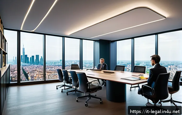 법률자문가의 법적 대응 전략 - A modern Italian legal consultancy office interior with a diverse team of professionals collaboratin...