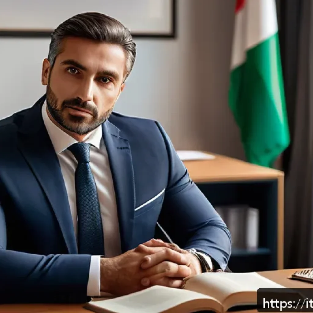 법률 자문가의 자기계발 방법 - A professional Italian lawyer in a modern office setting, dressed in smart business attire with subt...