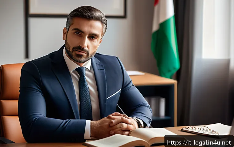 법률 자문가의 자기계발 방법 - A professional Italian lawyer in a modern office setting, dressed in smart business attire with subt...